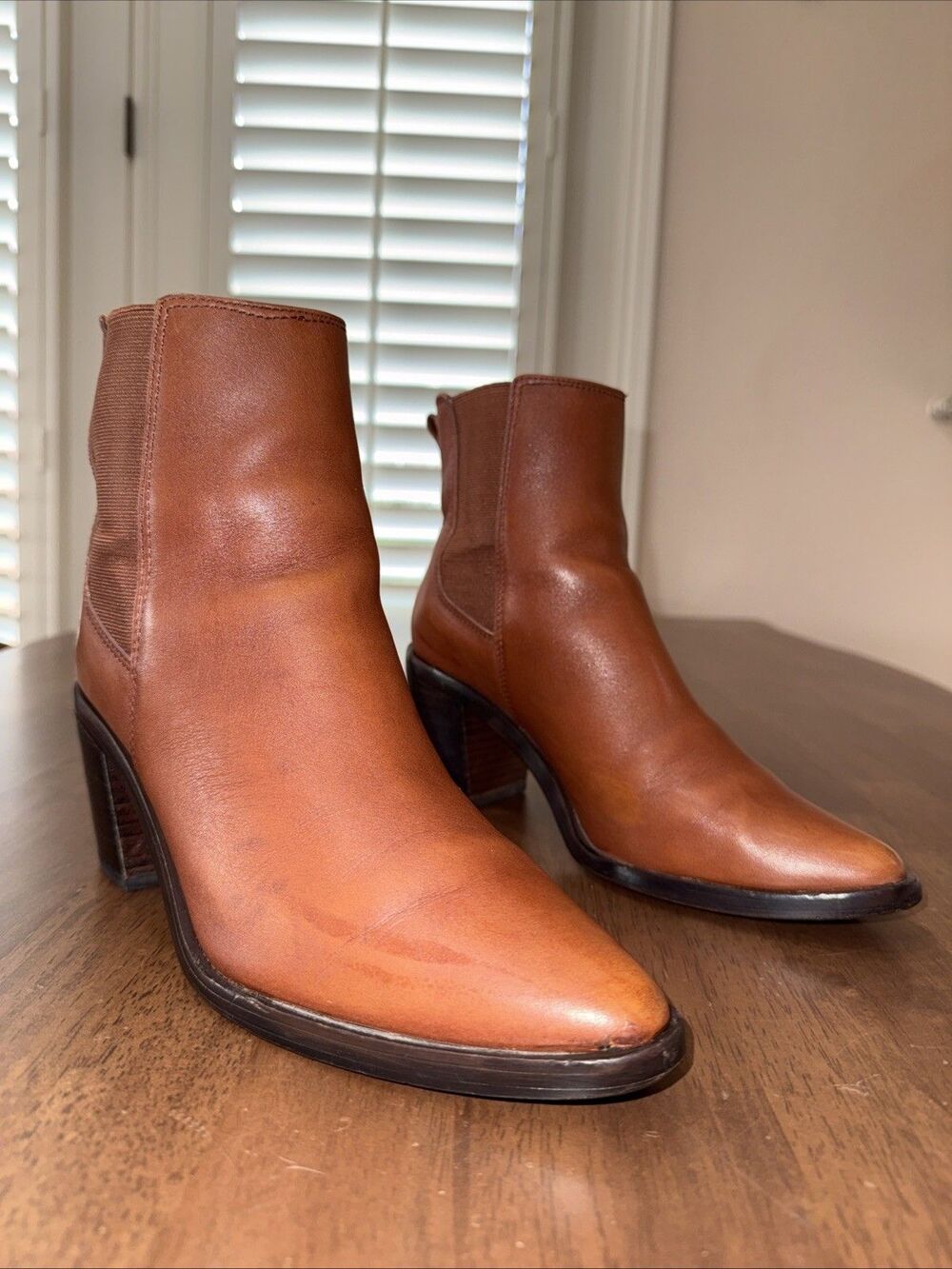 Madewell Chelsea Ankle Boots Women 7.5 Cognac Leather Pointed Toe Block Heel
